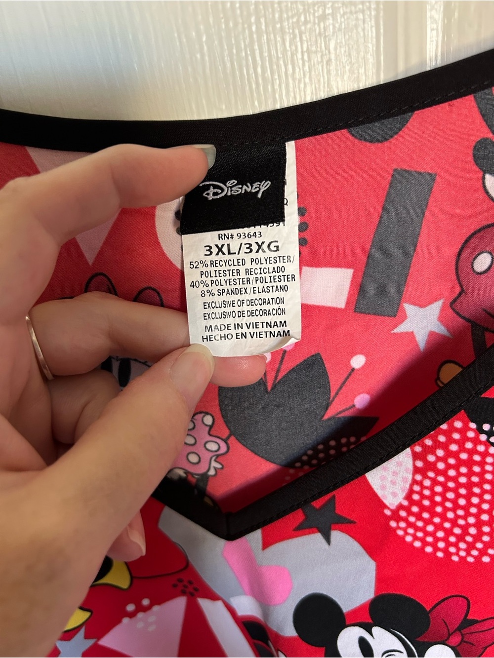 Disney Red Mickey & Minnie Print V-Neck Scrub Top with Black Trim - Picture 2 of 4